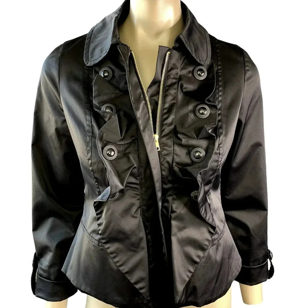 Venezia Milano Ruffled Zipper Up Pea Coat Fitted Jacket Women's Size S Black